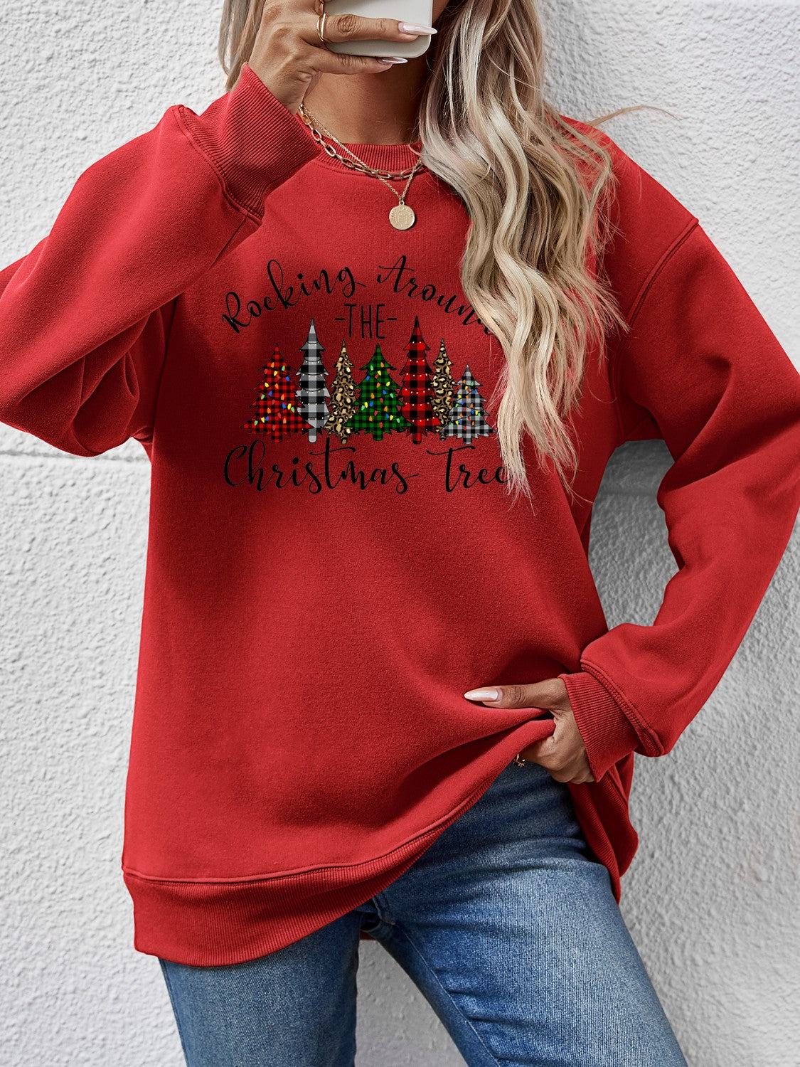 Christmas Tree Graphic Round Neck Sweatshirt